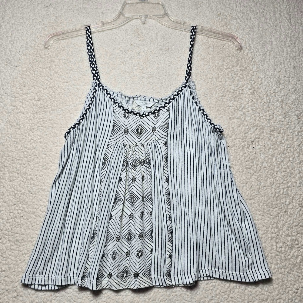 Lucky Brand Womens Blue White Geometric Stripe Braided Strap Camisole Top L